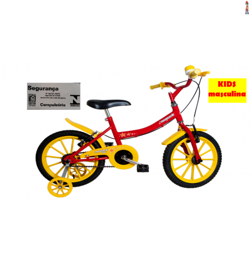 Bicicleta Monark kids masculina aro 16 vermelha amarela 