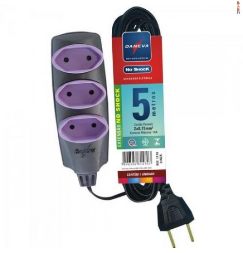 Extensão Tripla Pl 2 X 0,75Mm 5 Metros No Shock Daneva