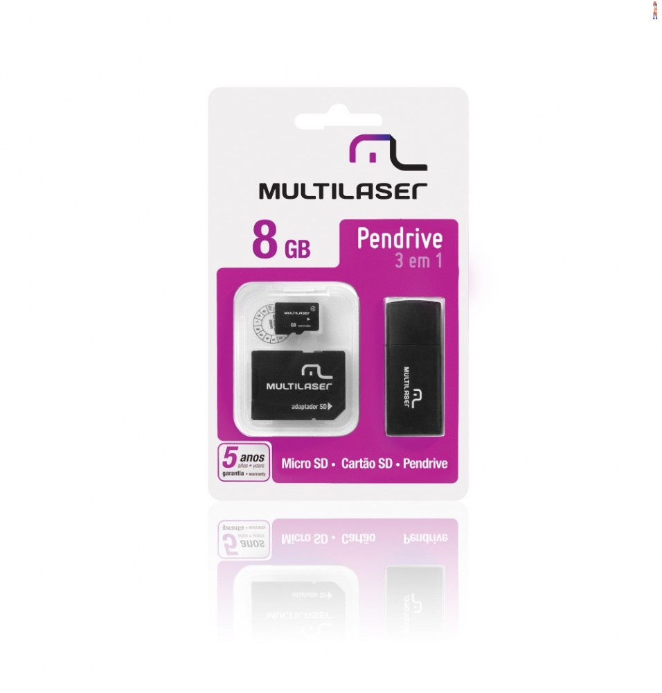 Kit Multilaser 3 em 1 Pen Drive - Micro SD 8 GB - Adaptador e Leitor de Cartão - MC058